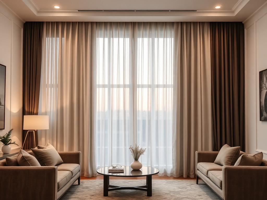 Designer layered curtains in a modern living room, luxury curtains in Pune